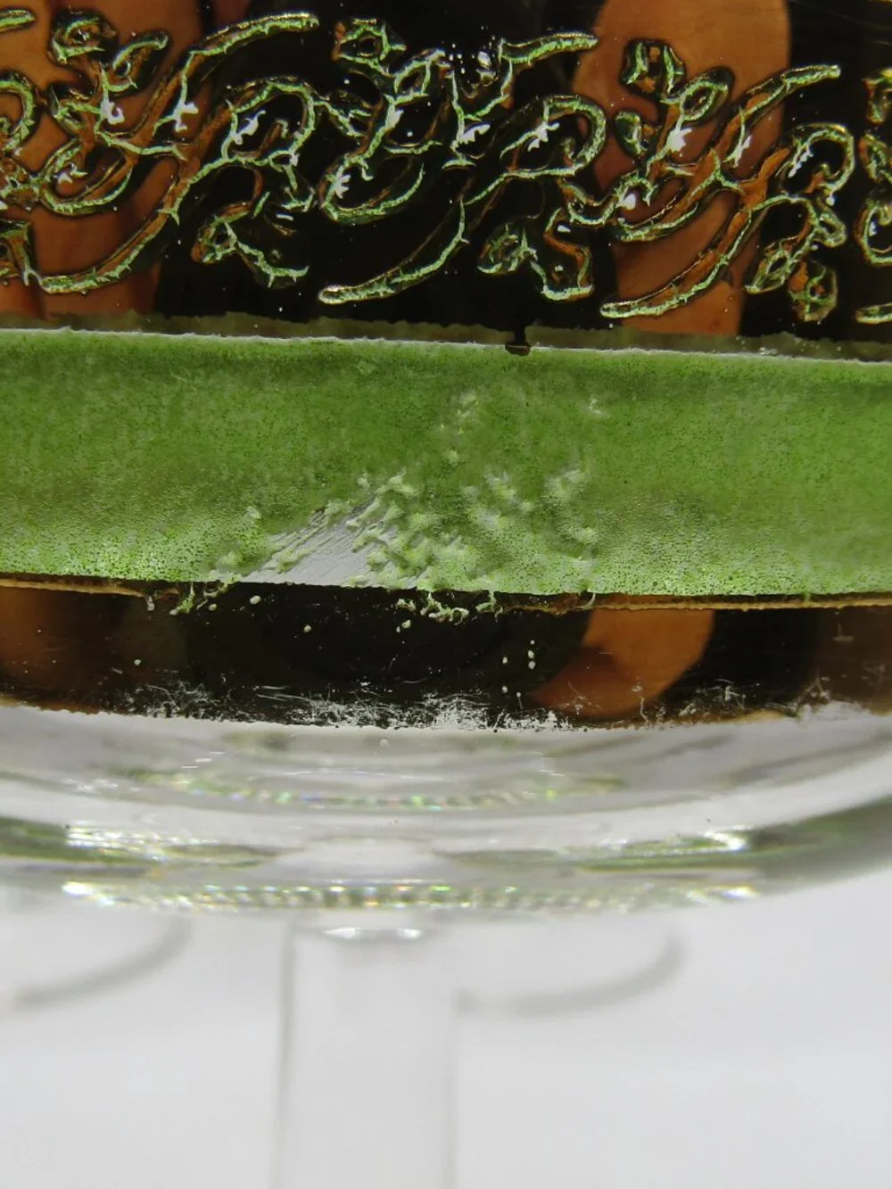 Set of Five Starlyte Green & Gold Scroll Coupe Glasses